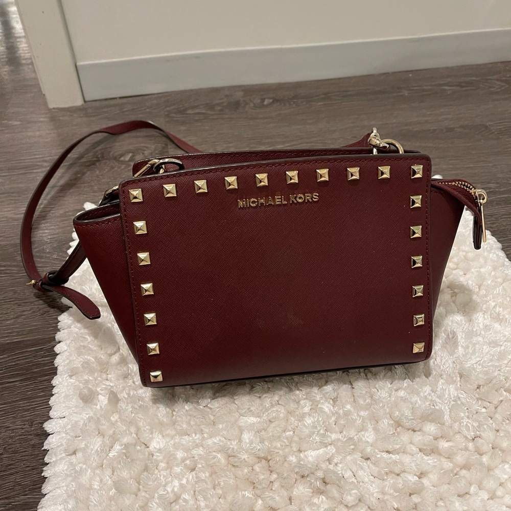 Michael Kors Burgundy Crossbody Bag with Gold Studs